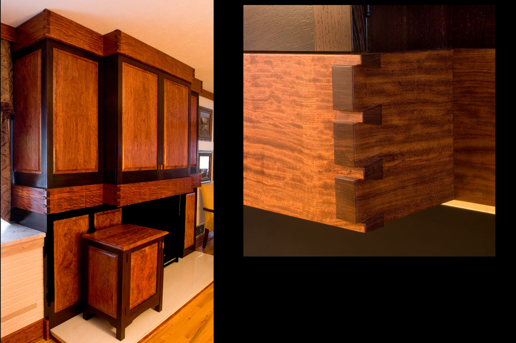 This bubinga and wenge entertainment cabinet features a piece of furniture to hold the equipment while the new flat screen allows for a very shallow cabinet above the fireplace.