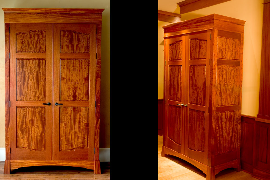 This beeswing mahogany armoire was inspired by the amazing board we found to make the panels of this foyer armoire which highlights the entrance to this home.
